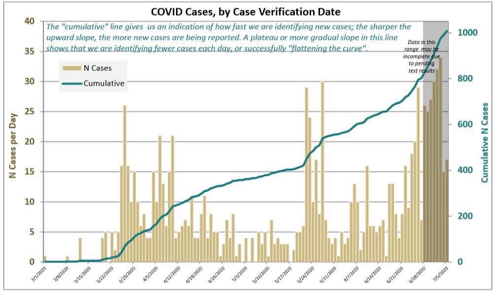 A graph showing the daily number of confirmed cases of COVID-19, as well as a curve of cumulative cases, updated to July 6. The left axis shows the number of new cases per day based on date of verification, while the right shows the cumulative number of cases.