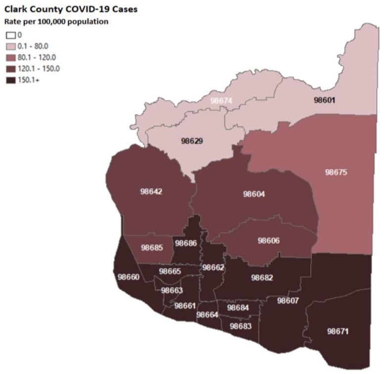 A map from Clark County Public Health shows areas by ZIP code where confirmed cases of COVID-19 have been tested. The rates per 100,000 of population in each ZIP code are shown by progressively deeper shades of color for a greater case rate.