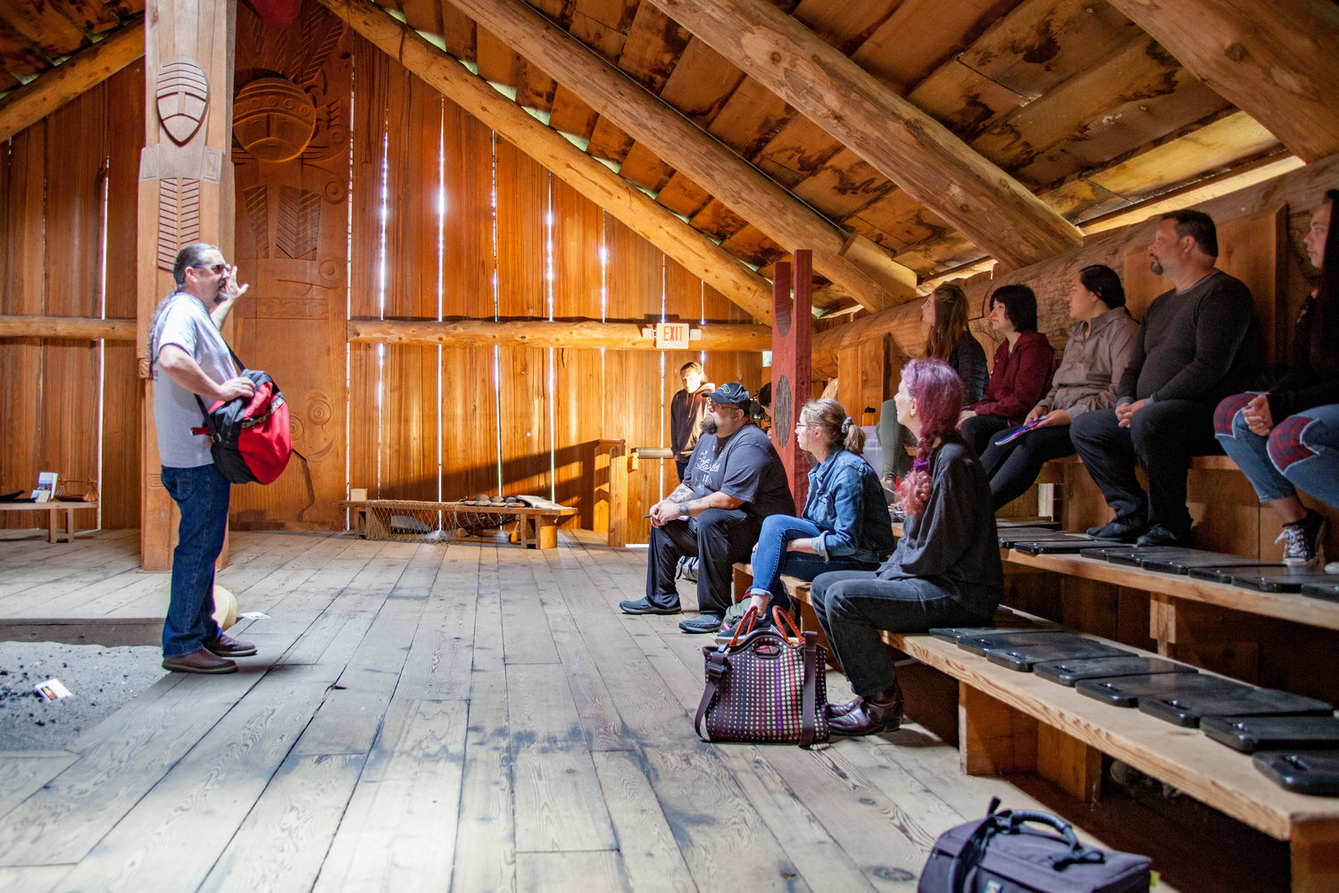 2019 FILE PHOTO — Faculty and students of WSU Vancouver’s English 341 meet for a water safety orientation in the Cathlapotle Plankhouse at the Ridgefield National Wildlife Refuge.
