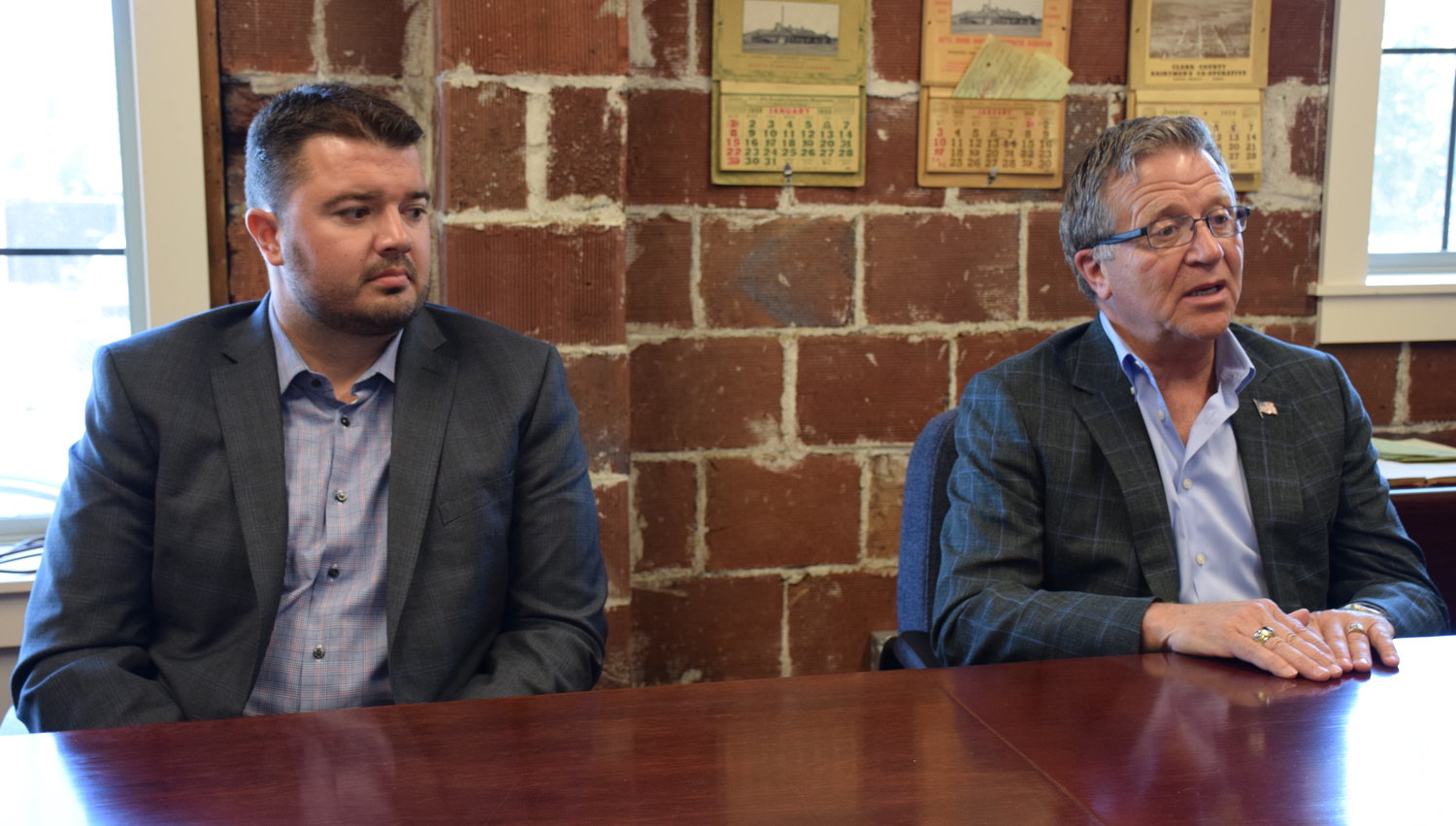 Washington State Rep. Brandon Vick, left, speaks to The Reflector as part of a cross-county tour to visit with local media June 14, 2019.