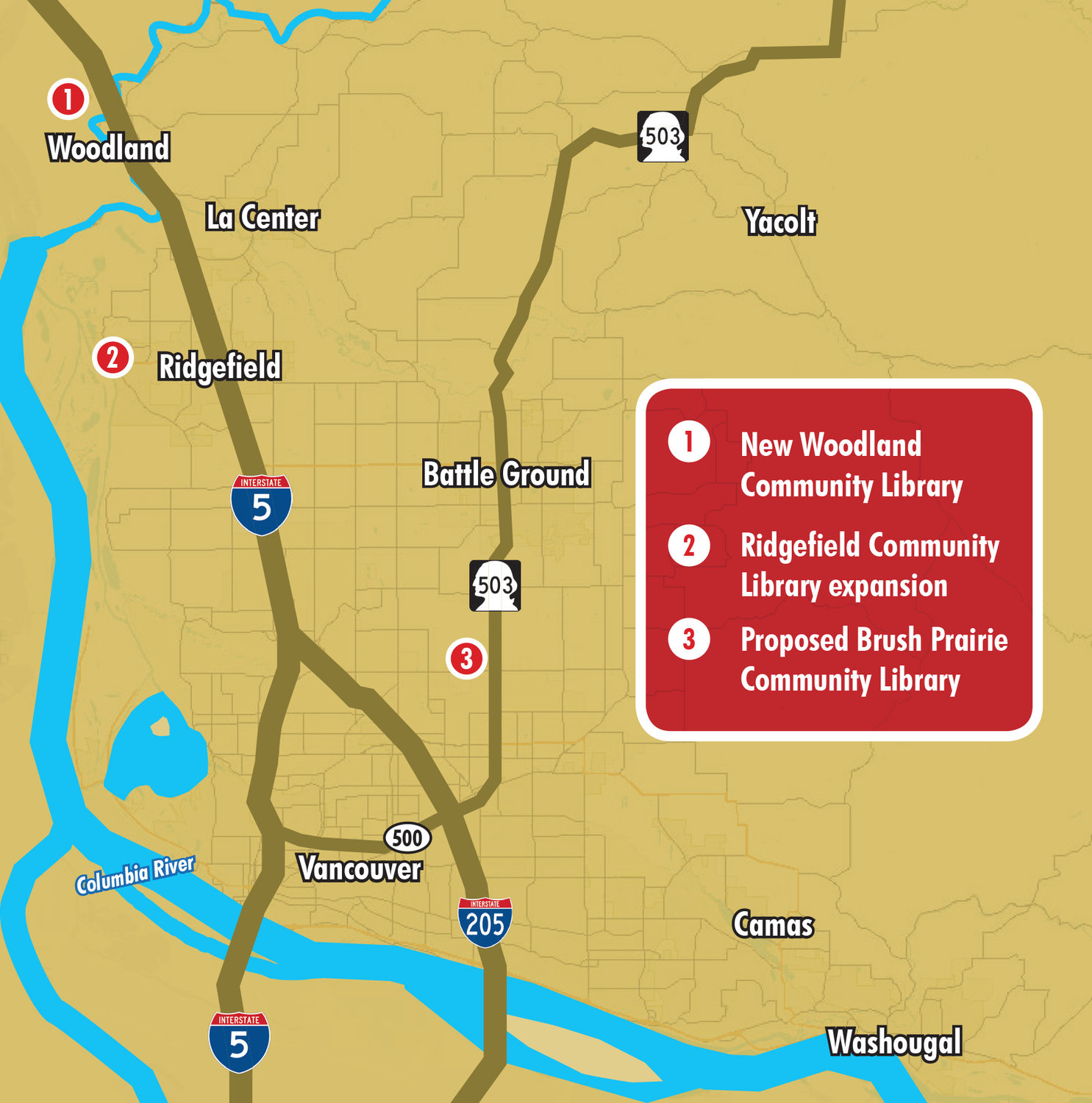 This map shows the locations of capital projects Fort Vancouver Regional Library has in various stages of development within district boundaries.