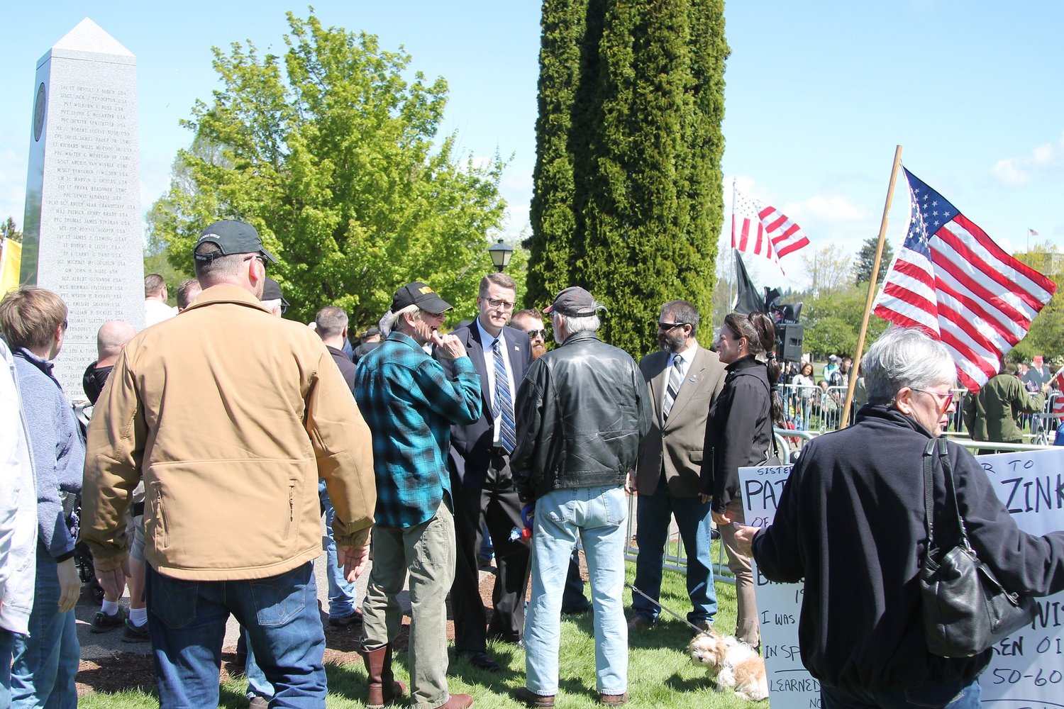 Rep. Matt Shea, R-Spokane Valley, speaks to attendees at the “March for Our Rights” rally in Olympia on April 27. 
