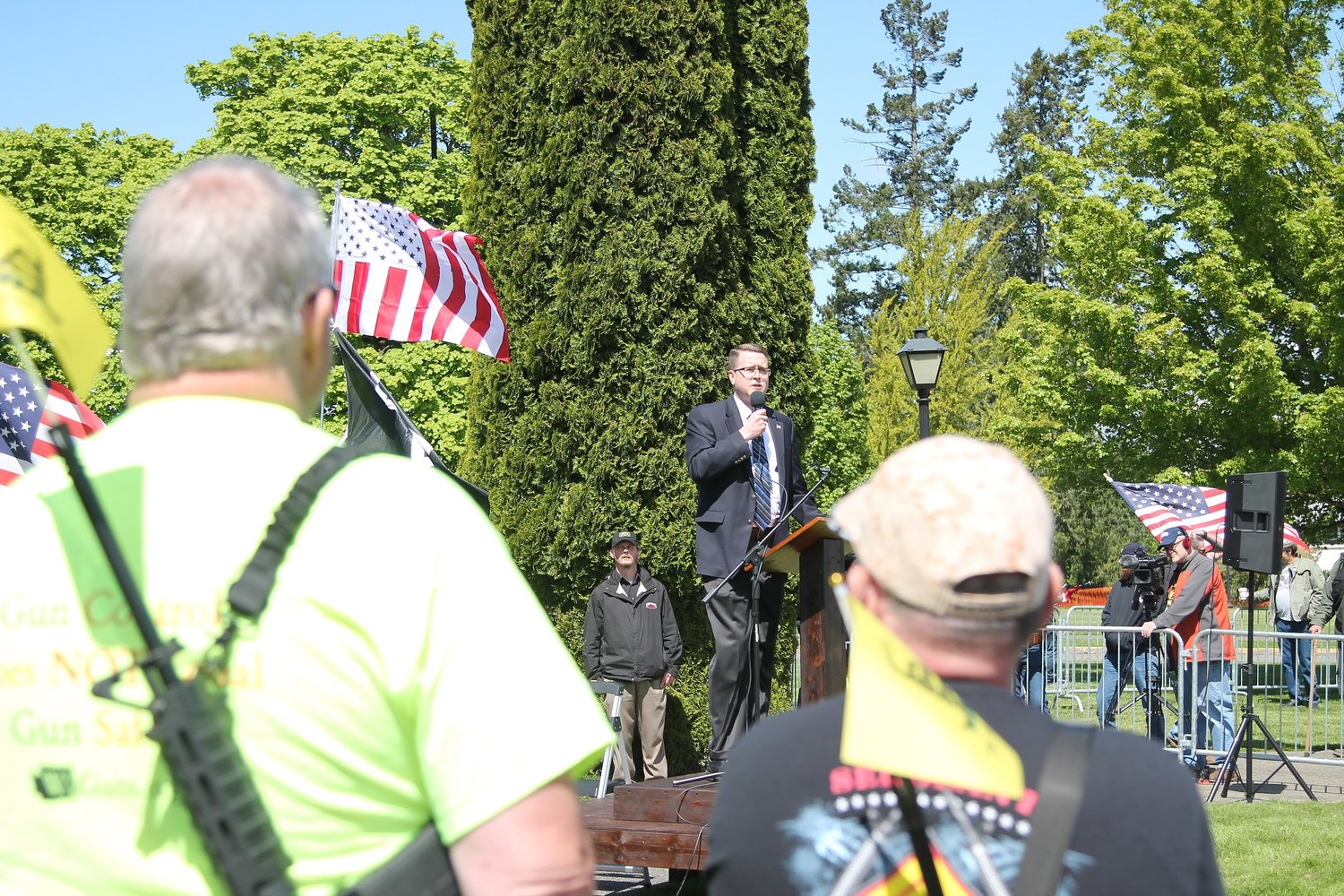 Rep. Matt Shea, R-Spokane Valley, speaks to “March for Our Rights” rally in Olympia on April 27.