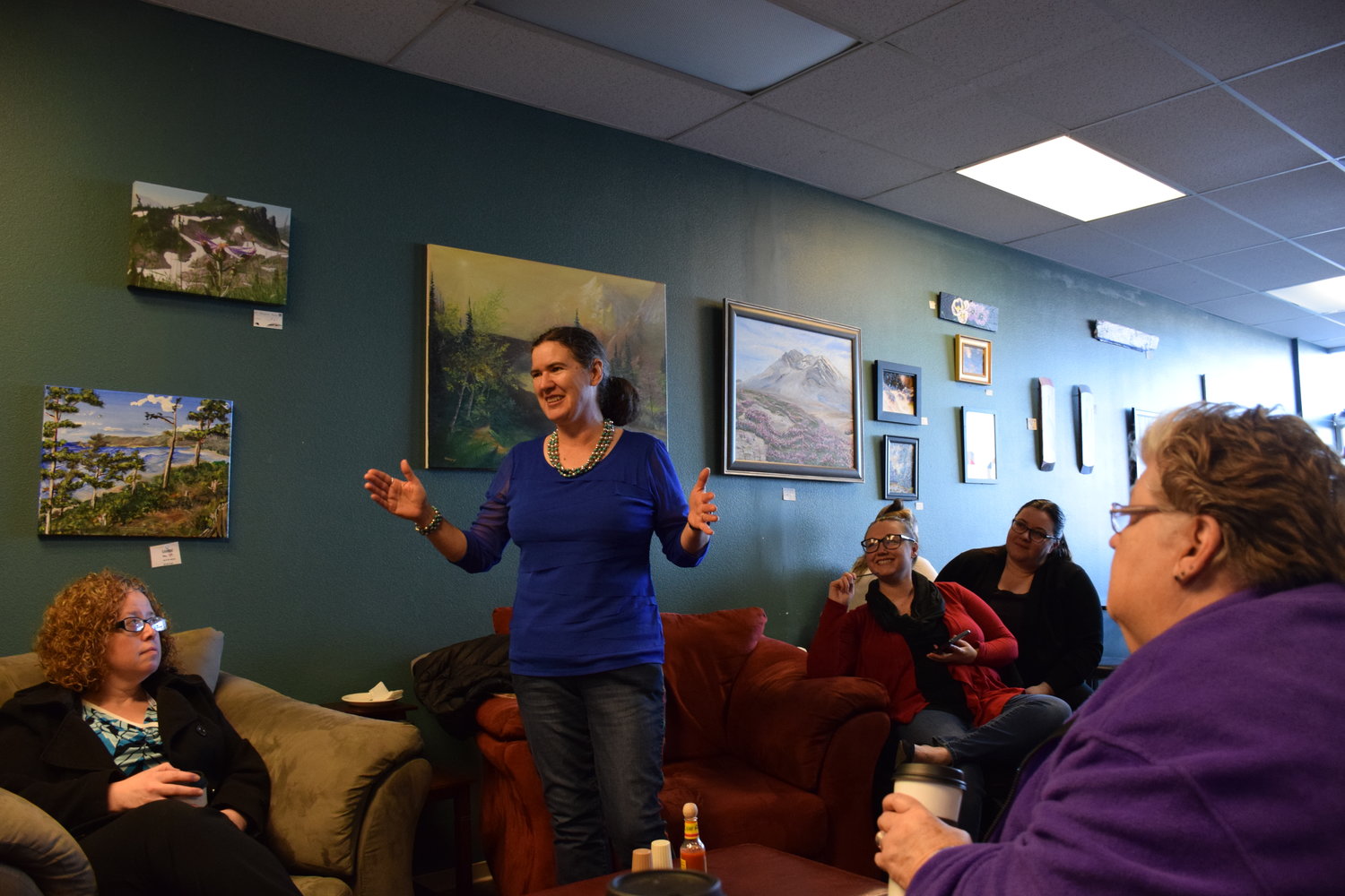 Rural small business consultant Becky McCray speaks with Woodlanders at Luckman Coffee Company Feb. 5 during her tour of the city.