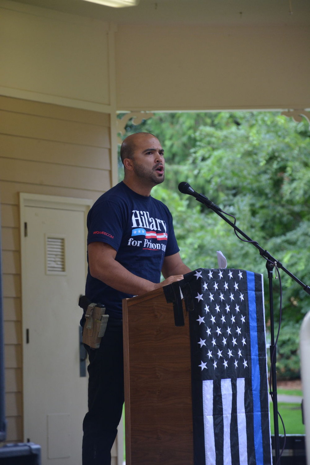 Local activist Joey Gibson addresses the crowd gathered for the first Patriot Prayer-coordinated rally at Esther Short Park in Vancouver Oct. 1, 2016. Gibson has recently announced his campaign for the U.S. Senate seat currently held by Democrat Maria Cantwell.
