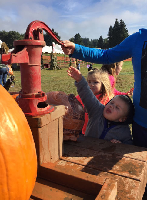Porter, 2, of Vancouver, attempts to take a turn at the pump cleaning pumpkins at Bi-Zi Farm in Brush Prairie last week.