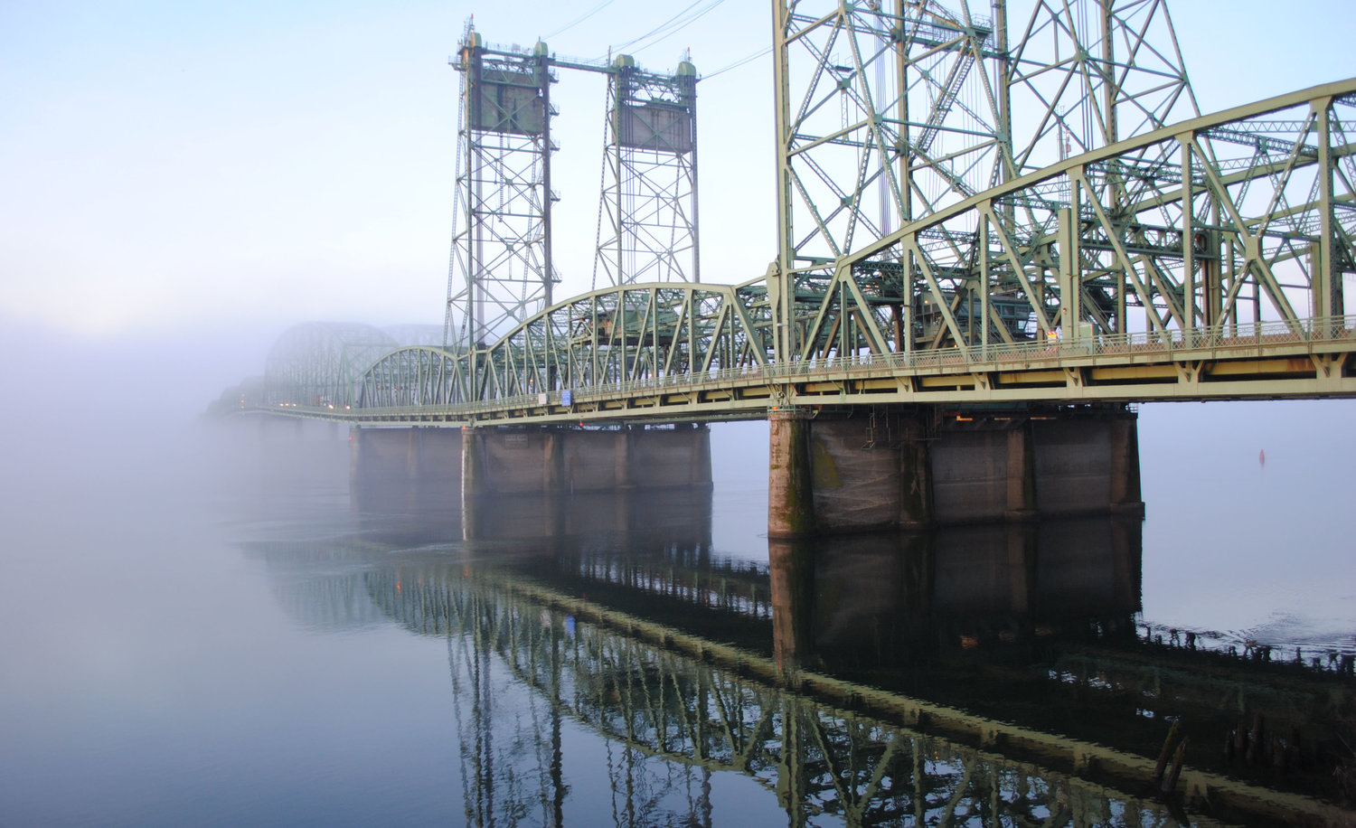 The Interstate 5 bridge rises out of the fog Jan. 27.