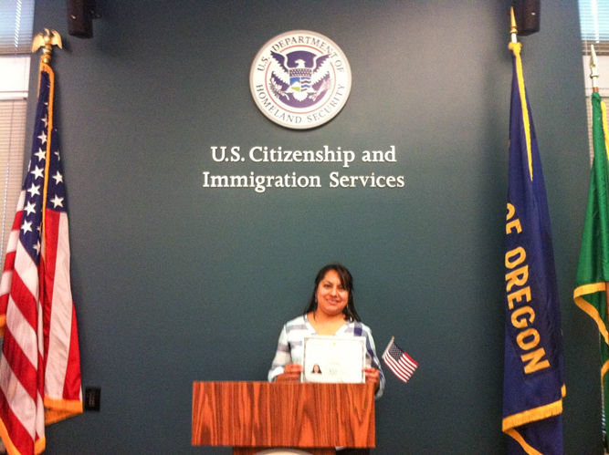 CLAUDIA GORDON, OF La Center, became a U.S. citizen on March 1, 2016. Gordon is pictured here at the Portland branch of the U.S. Immigration and Naturalization Services.