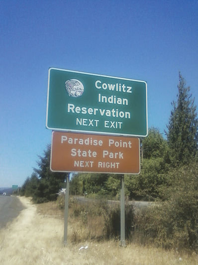 RECENTLY POSTED signs posted on southbound and northbound Interstate 5 near La Center direct visitors to the new Cowlitz Indian Reservation. The federal government approved the Cowlitz Tribe’s 152-acre reservation west of La Center earlier this year but the tribe and the city have been thwarted in their efforts to enter into a $14 million sewer agreement.