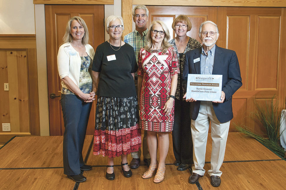 VOLUNTEERS FROM THE Battle Ground Health Care Free Clinic are shown here at the Nonprofit Excellence Awards. Battle Ground Health Care was honored with The Excellence in Volunteer Program Award. Pictured are (left-to-right) Carolyn Noack, Dental Program manager, Free Clinic of SW Washington; Joyce Malin, volunteer and grant writer; Jim Bollin, Board president; Sue Neal, executive director; Ruthie Gohl, deputy executive director; Peter Bascetta, Board member. 