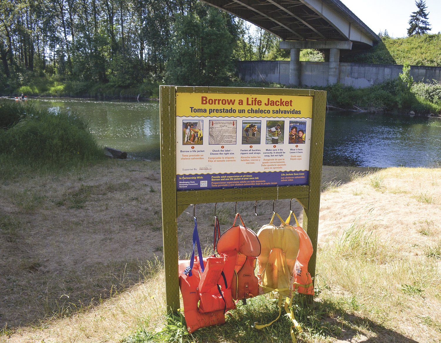 A LIFE JACKET station at Paradise Point State Park near La Center offers free life jackets and vests for swimmers and boaters to borrow while they’re near or on the open water. The east fork of the Lewis River runs through Paradise Point and, with its cold water and swift currents, can be deadly even for experienced swimmers. Experts say nearly 90 percent of drowning deaths could have been prevented if the person had been wearing a life jacket.