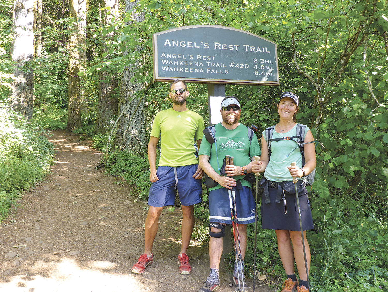 ANGELS REST TRAILHEAD in Oregon marked the end of 293 miles of the Chinook Trail. Shown here (from left-to-right) are Brian Boshart, Whitney LaRuffa, and Liz  Thomas.