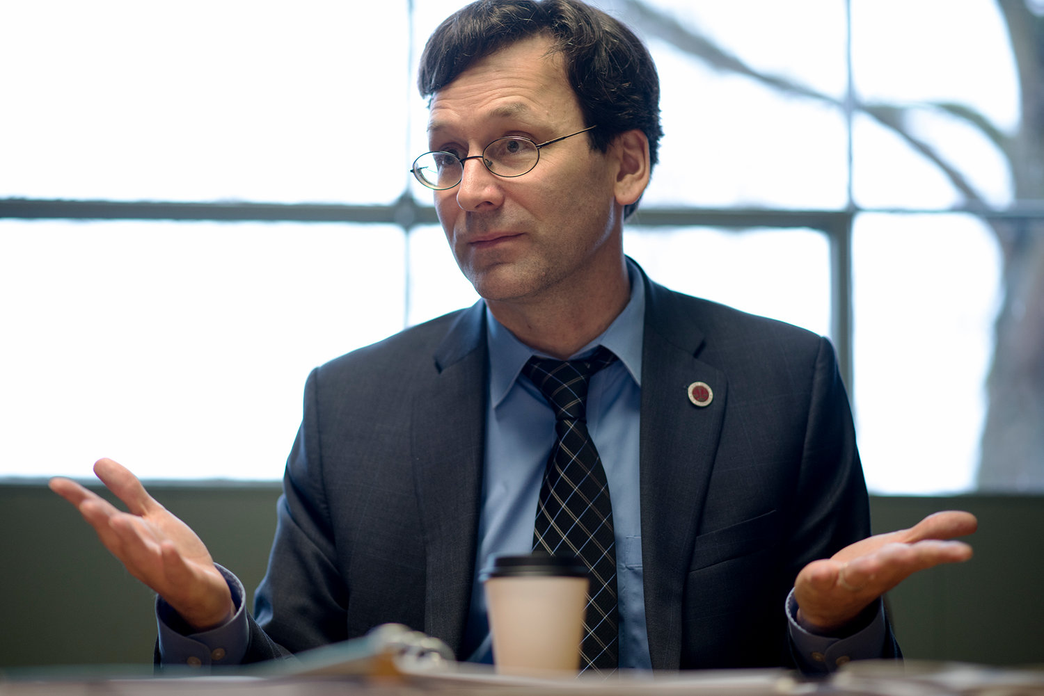 Washington State Attorney General Bob Ferguson speaks to The Chronicle on Tuesday morning in Centralia.
