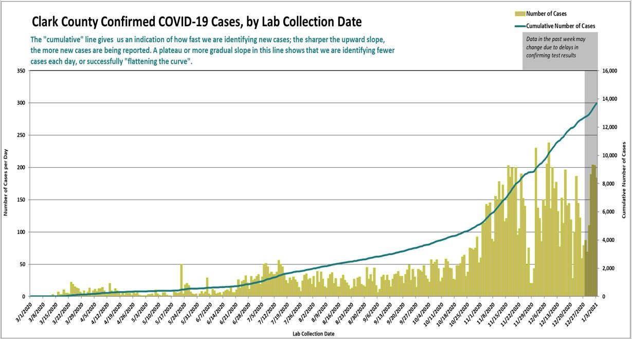 A graph showing the daily number of confirmed cases of COVID-19, as well as a curve of cumulative cases, updated to Jan. 5. The left axis shows the number of new cases per day based on the date of testing, while the right shows the cumulative number.