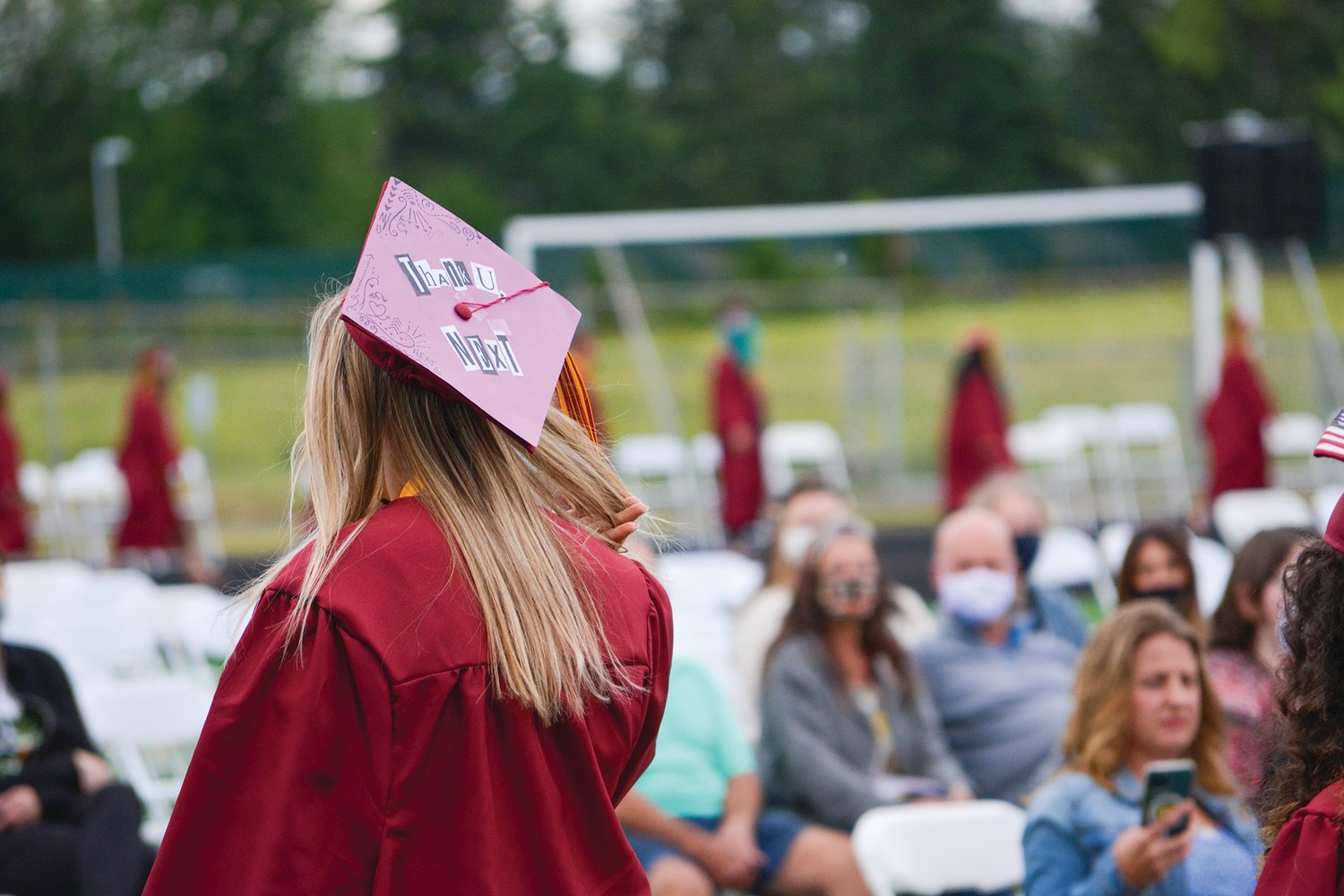 Prairie High School seniors decorated their graduation caps with flowers and messages, like “Thank you, next.”
