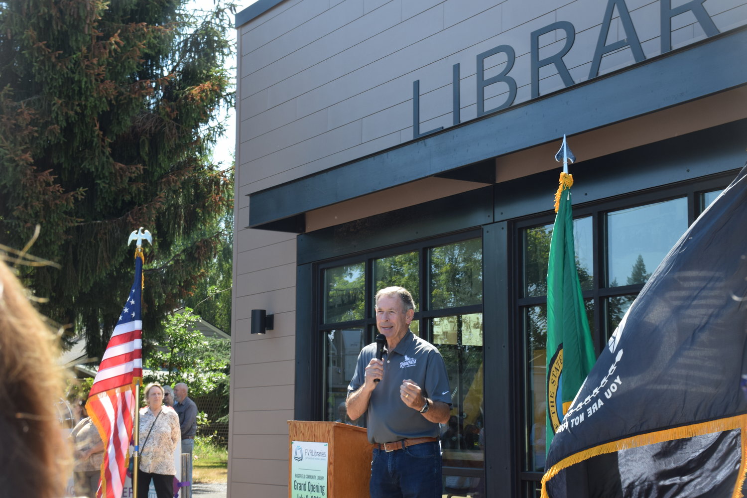 Ridgefield Mayor Don Stose speaks in front of the Ridgefield Community Library during the grand opening for the building on July 9.