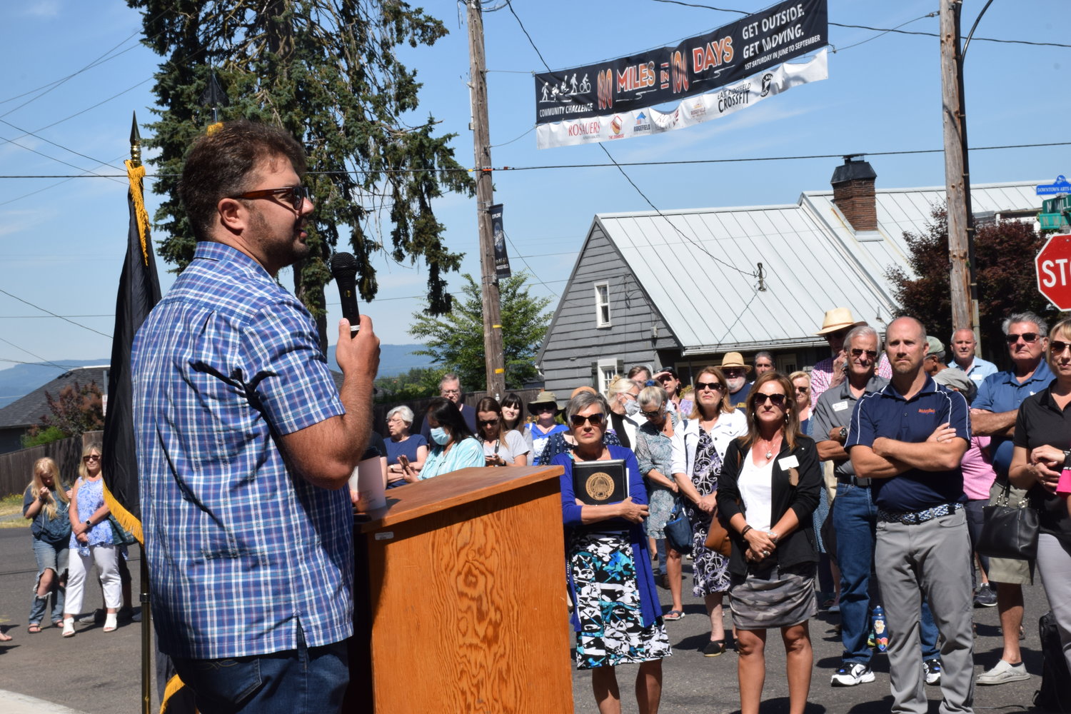 Washington State Sen. Brandon Vick, R-Vancouver, speaks to the crowd during the grand opening for the Ridgefield Community Library on July 9.