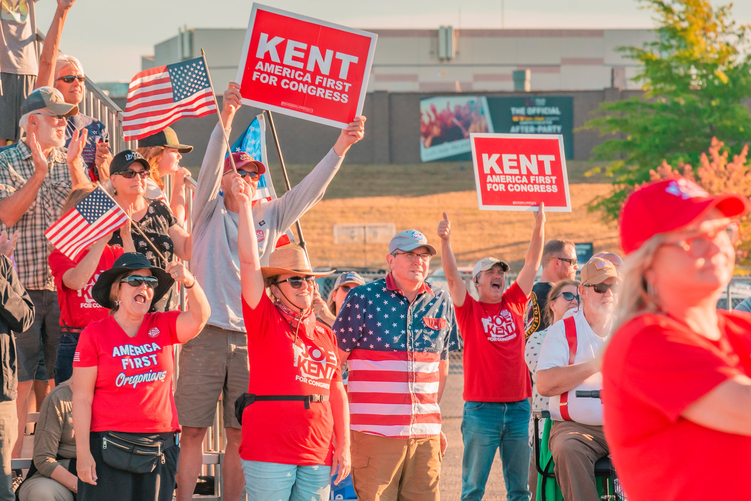 Supporters of Joe Kent are pictured at a rally in Clark County Monday.