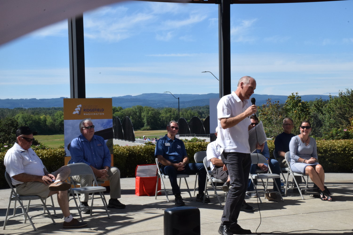 Port of Ridgefield CEO Brent Grening speaks at Overlook Park during an official opening of the Ridgefield rail overpass on Sept. 11.