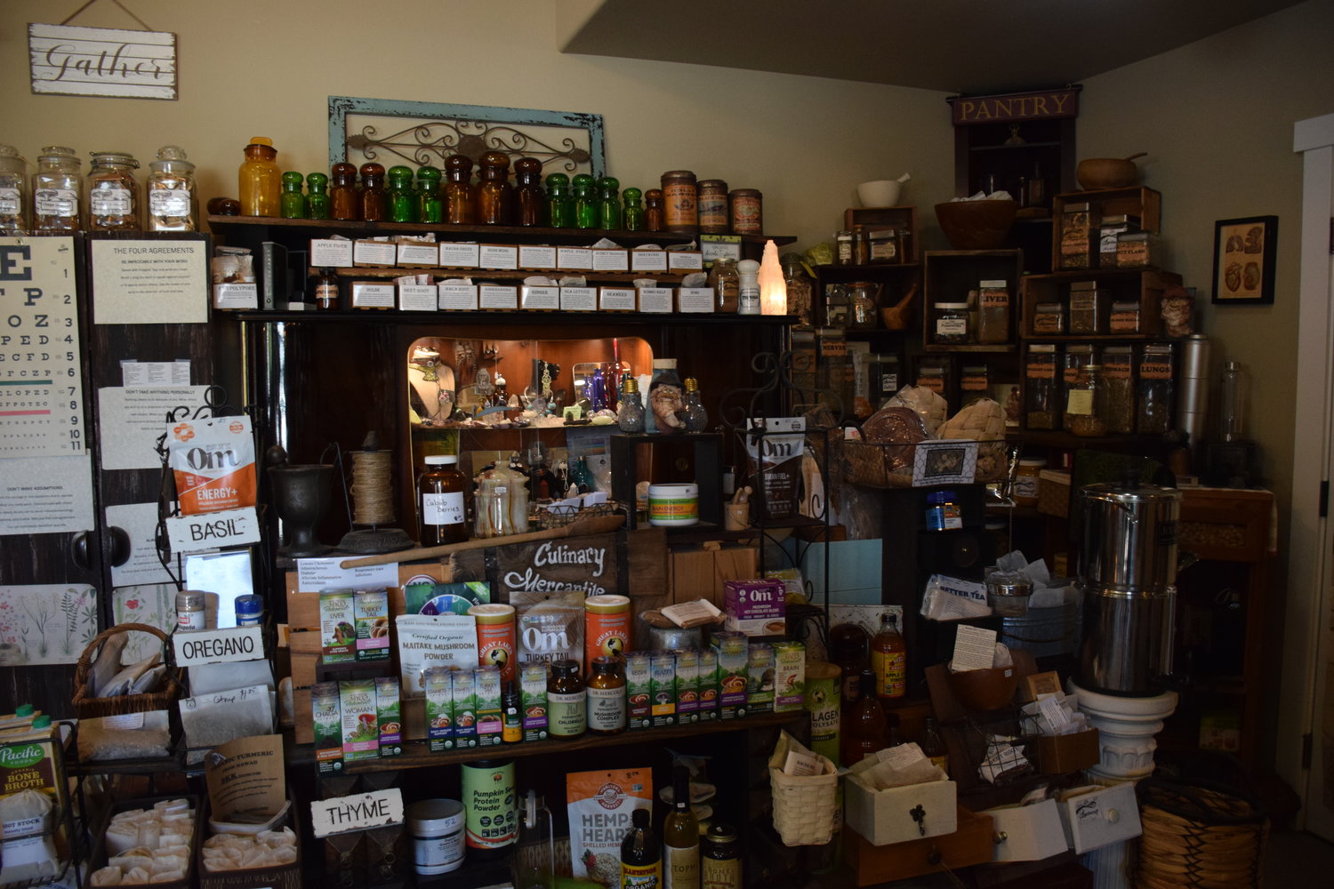 Herbs and other food-based remedies sit on display at Battle Ground Apothecary on Sept. 15.