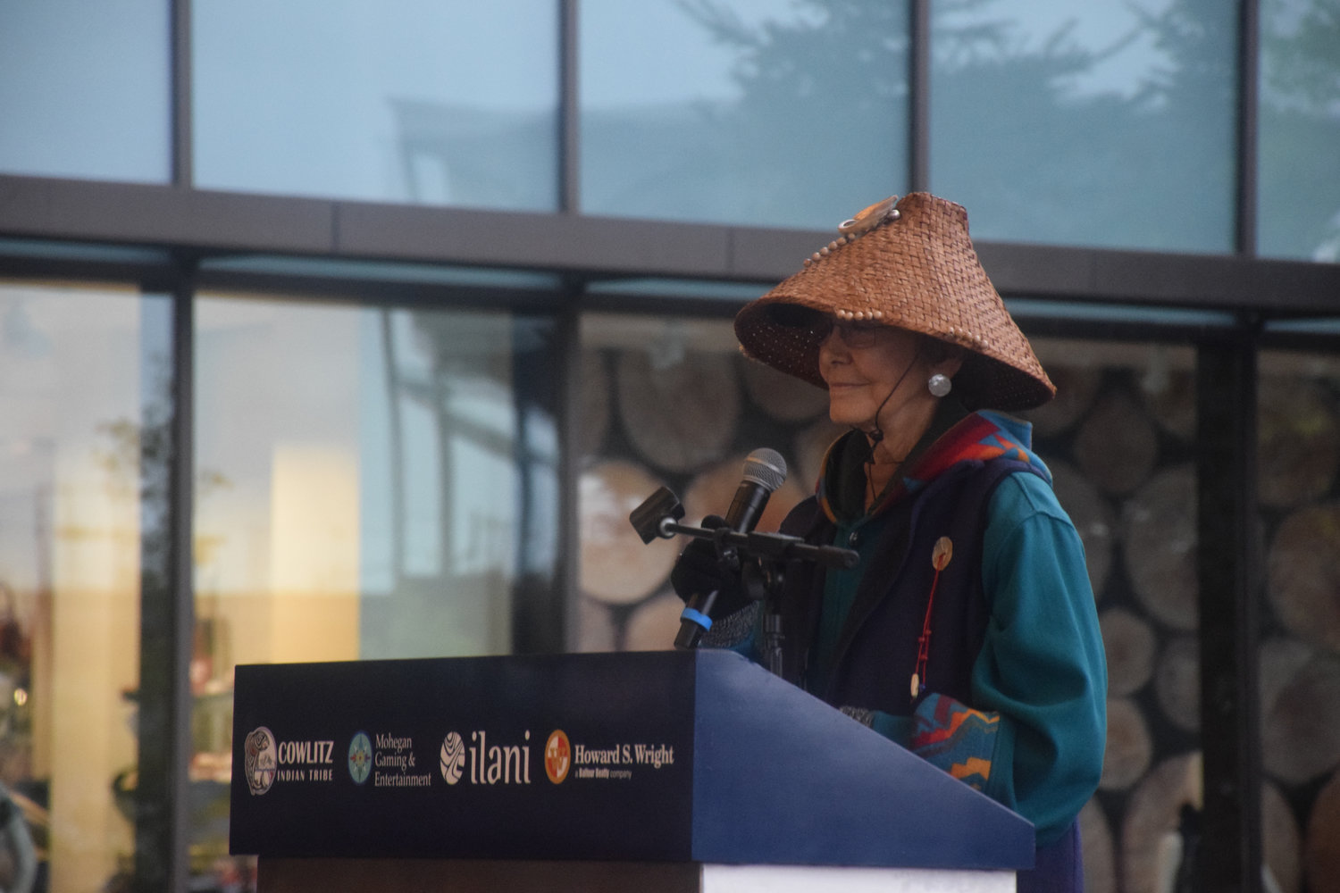 Cowlitz Indian Tribe Spiritual Leader Tanna Engdahl addresses a crowd gathered for the  five-year anniversary celebration of ilani April 25.