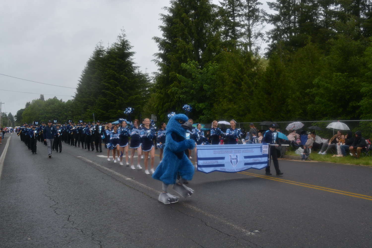The Hockinson High School band kicks off the Fun Days parade, guided by the school’s hawk mascot on June 4.