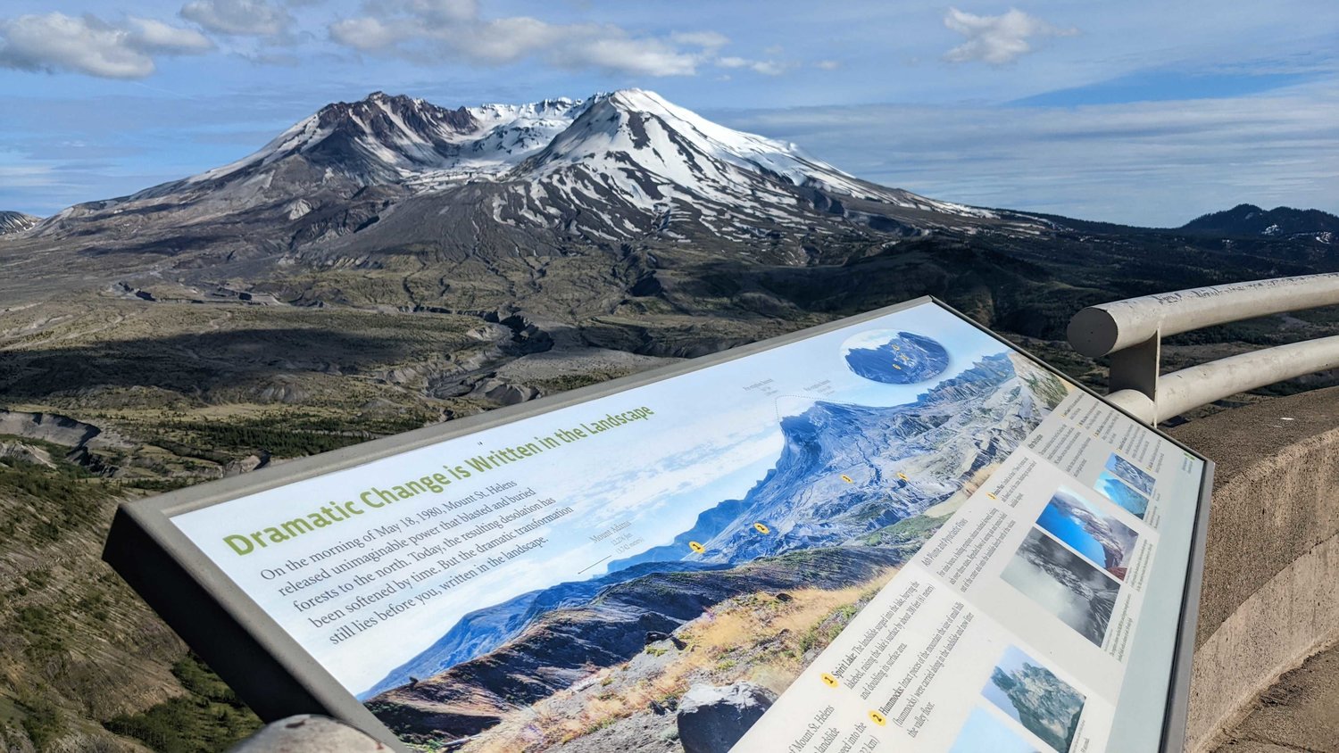 An info board is seen on display outside the Johnston Ridge Observatory on June 8 near Mount St. Helens.