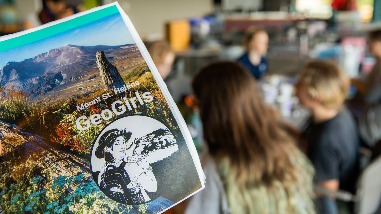 A GeoGirls pamphlet is displayed at the Mount St. Helens Science and Learning Center at Coldwater.