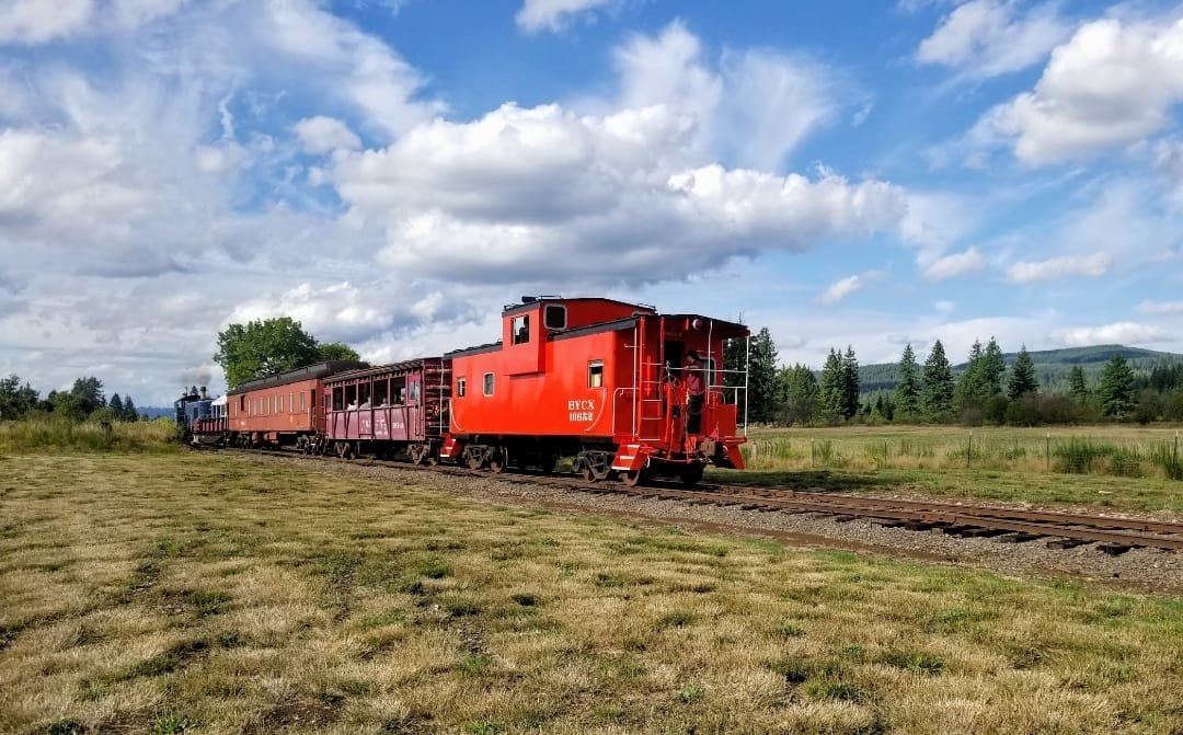 A train along the Chelatchie Prairie Railroad.