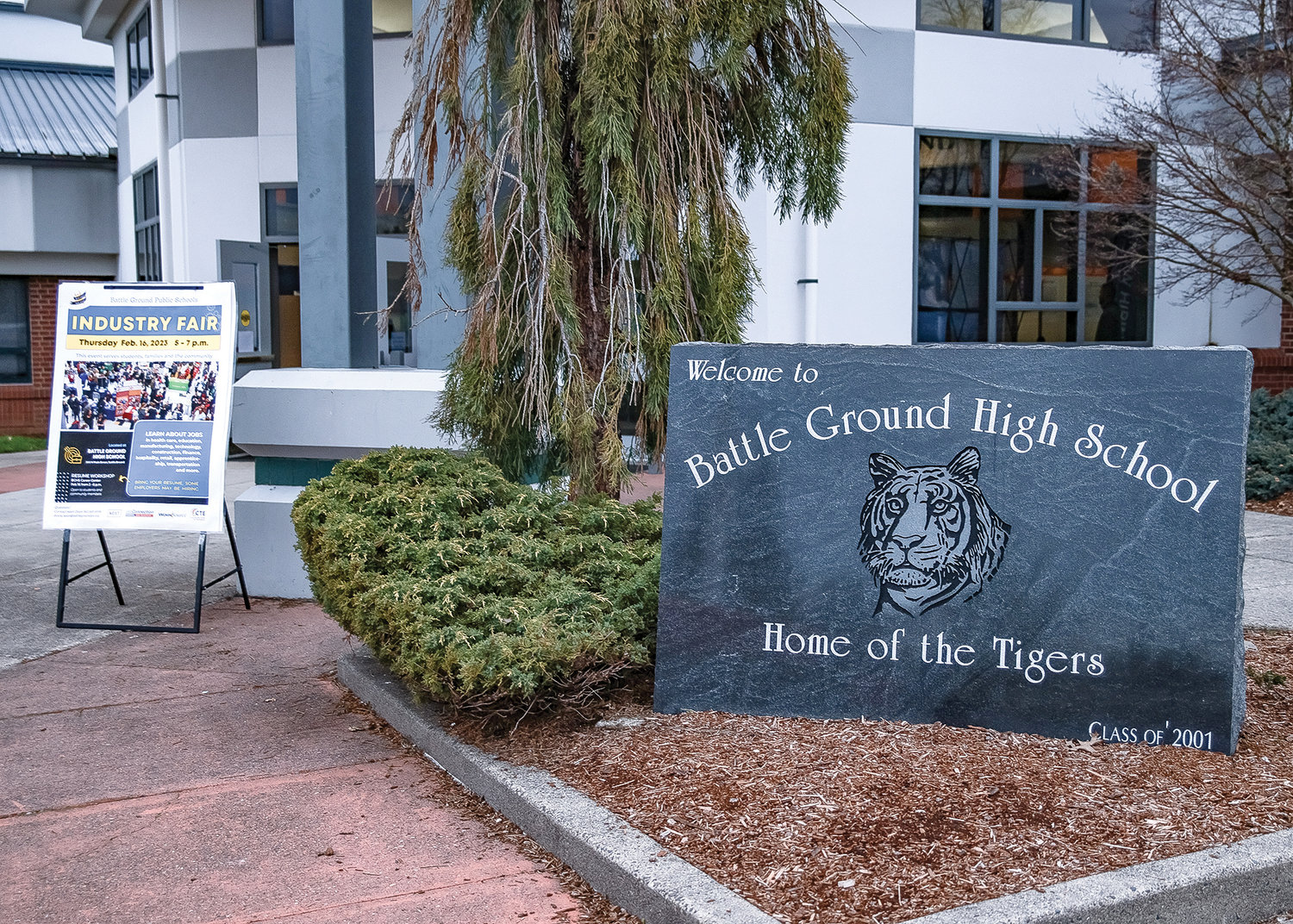 The main entrance of Battle Ground High School is pictured during the Industry Fair on Thursday, Feb. 16.