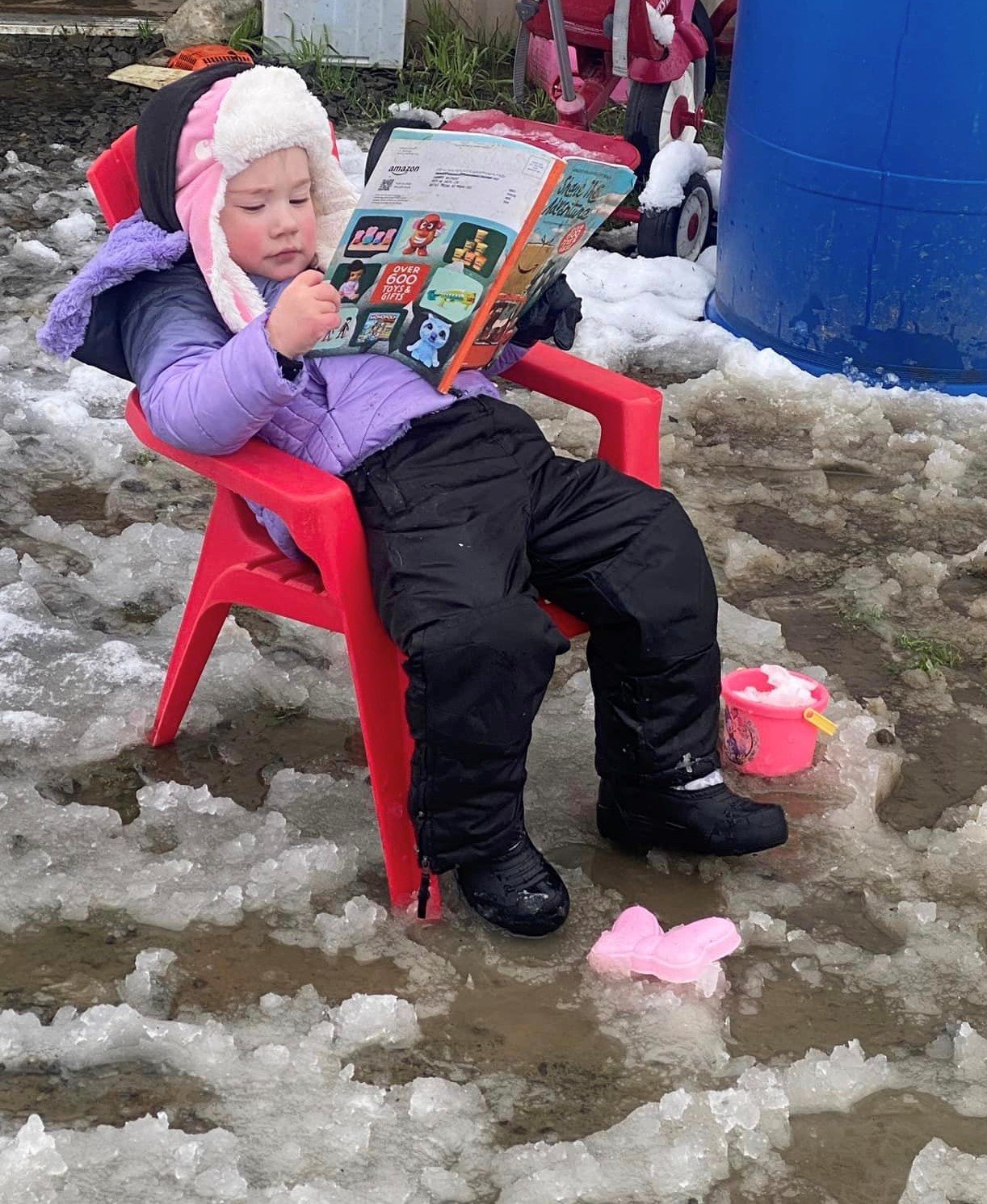 Hayden Jackson takes a break after playing in the snow in this photo taken by her mom Ashley Ueltschi.