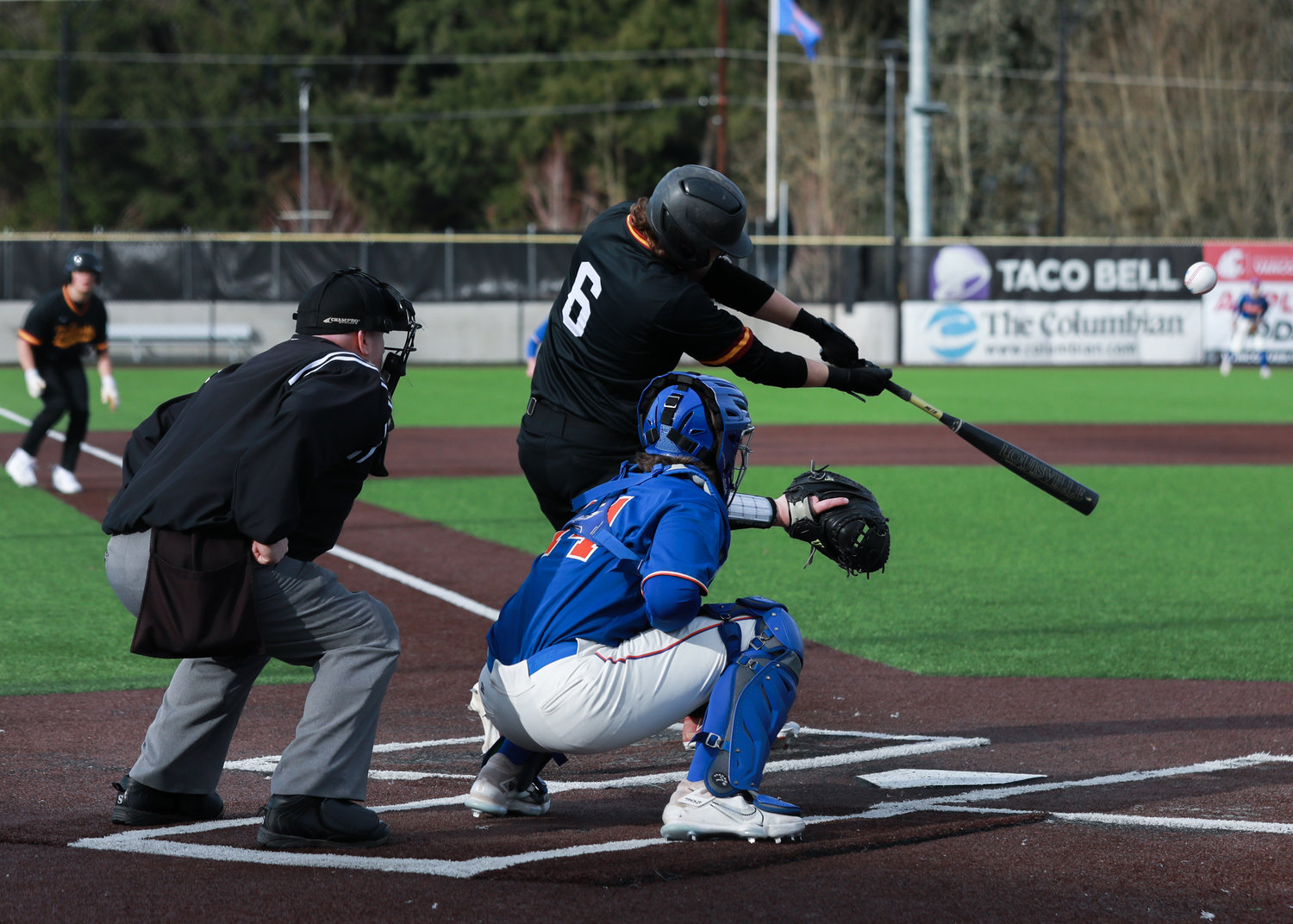 Jackson Upton fouls off a pitch in his first inning at bat that led to a two RBI single in the first inning for the Prairie Falcons against Ridgefield on Tuesday, March 14.