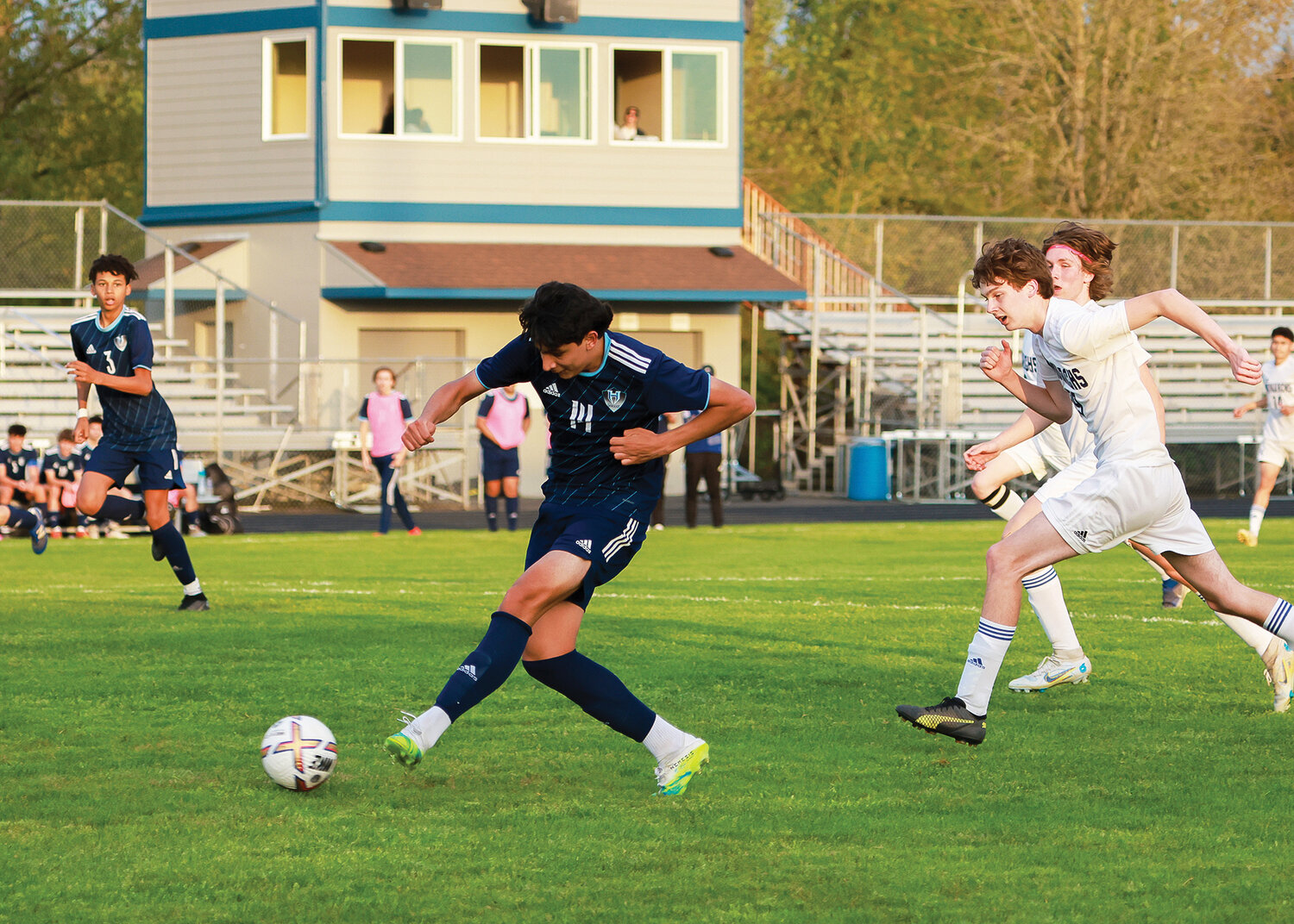 Hockinson's Alonzo Flores Barajas attempts a shot during the team's 7-0 victory over Mark Morris on Tuesday, May 2.