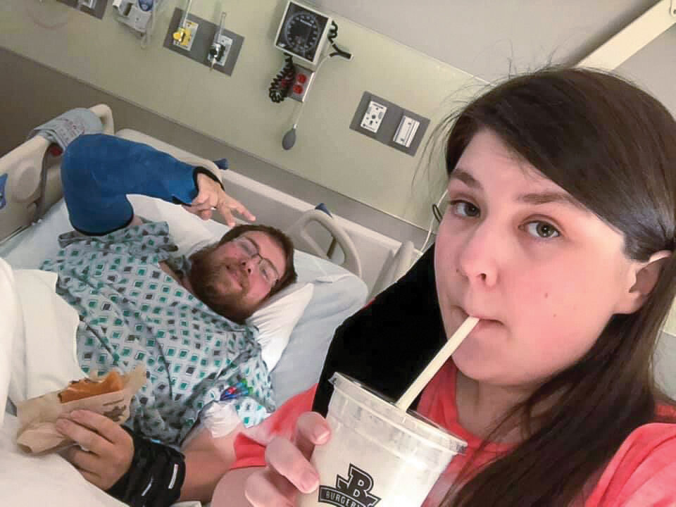 Travis Stoker, left, eats his first meal alongside his sister, Ashley, after days of recovery from an auto accident on Interstate 5 in Cowlitz County that killed their parents and a tow truck operator.