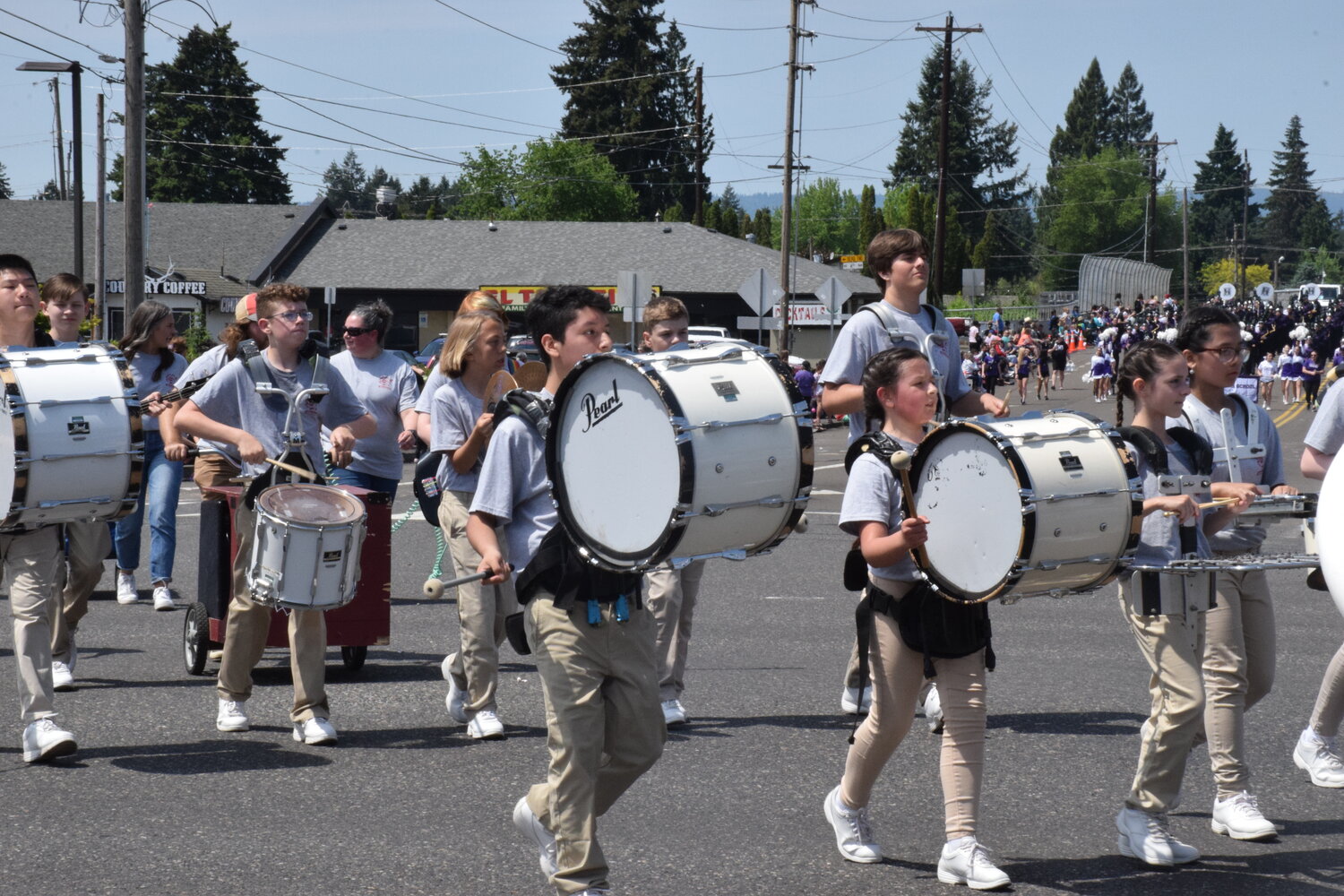 Laurin Middle School’s marching band makes its way up Northeast Highway 99 as part of the 2023 Hazel Dell Parade of Bands on May 20.