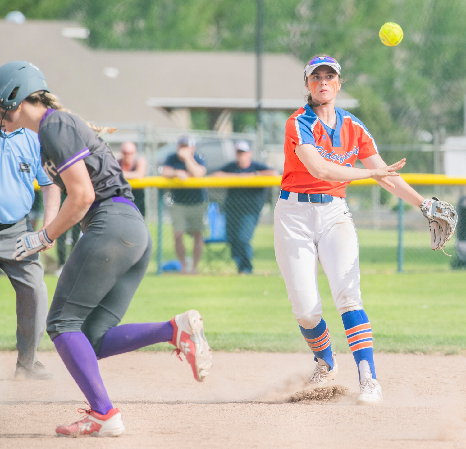 Ridgefield’s Kaylen Wingerd (6) looks to make an out during a state title game against North Kitsap at Carlon Park in Selah on Saturday, May 27.