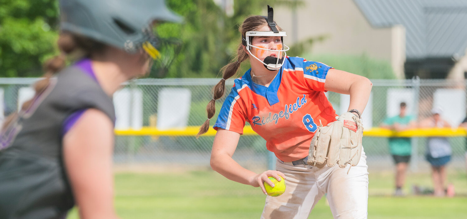 Ridgefield’s Elizabeth Peery (8) looks to make an out during a state title game against North Kitsap at Carlon Park in Selah on Saturday, May 27.