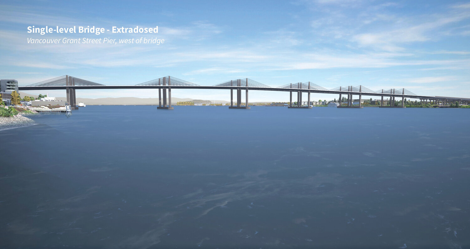 A visualization of the Interstate 5 Bridge Replacement Program utilizing an “extradosed” design is pictured looking east.