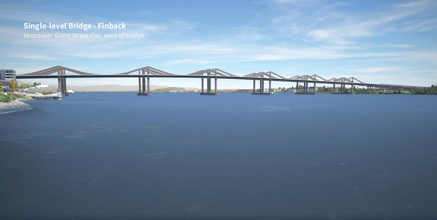 A visualization of the Interstate 5 Bridge Replacement Program using a “finback” design is pictured looking east.