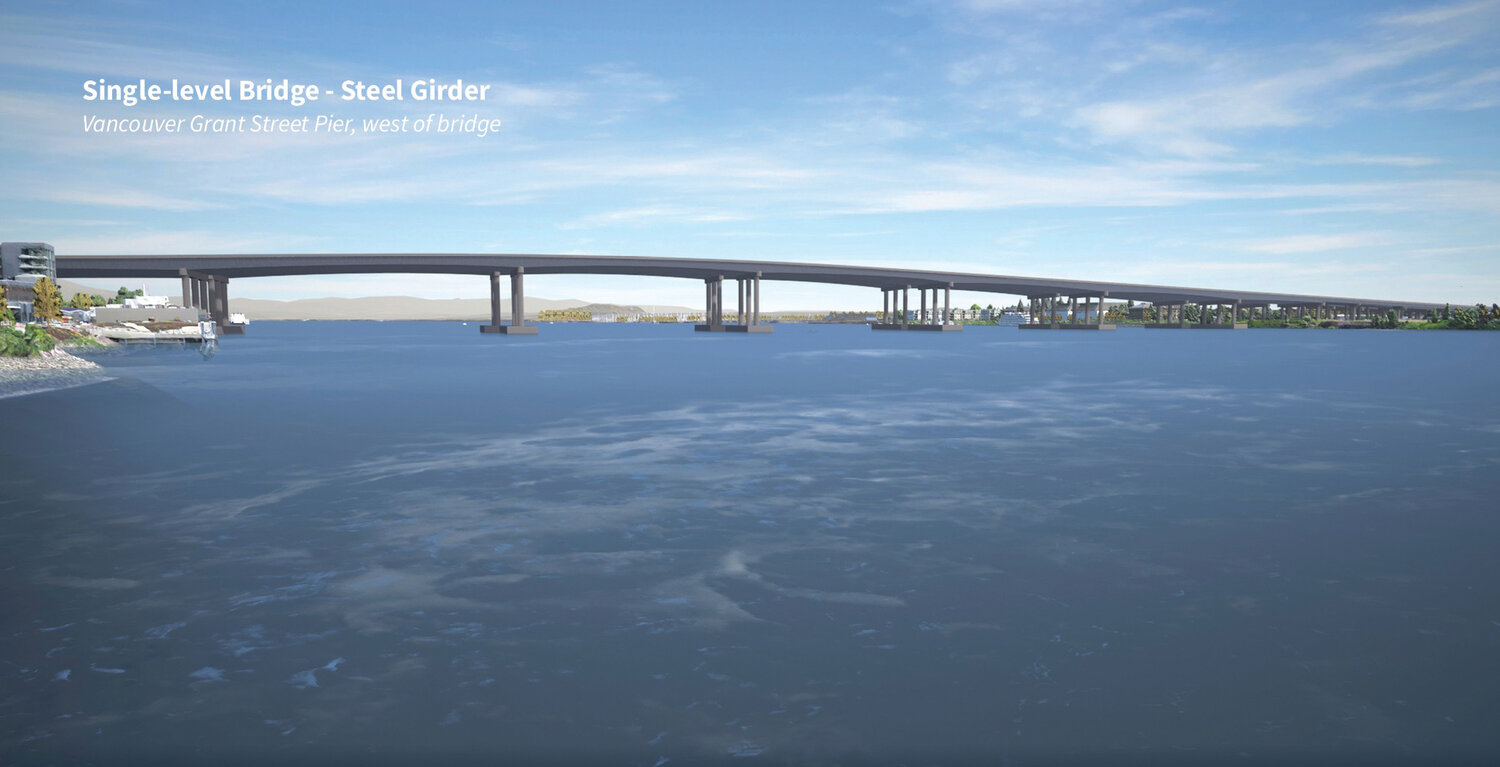 A visualization of the Interstate 5 Bridge Replacement Program using a steel girder design is pictured looking east.