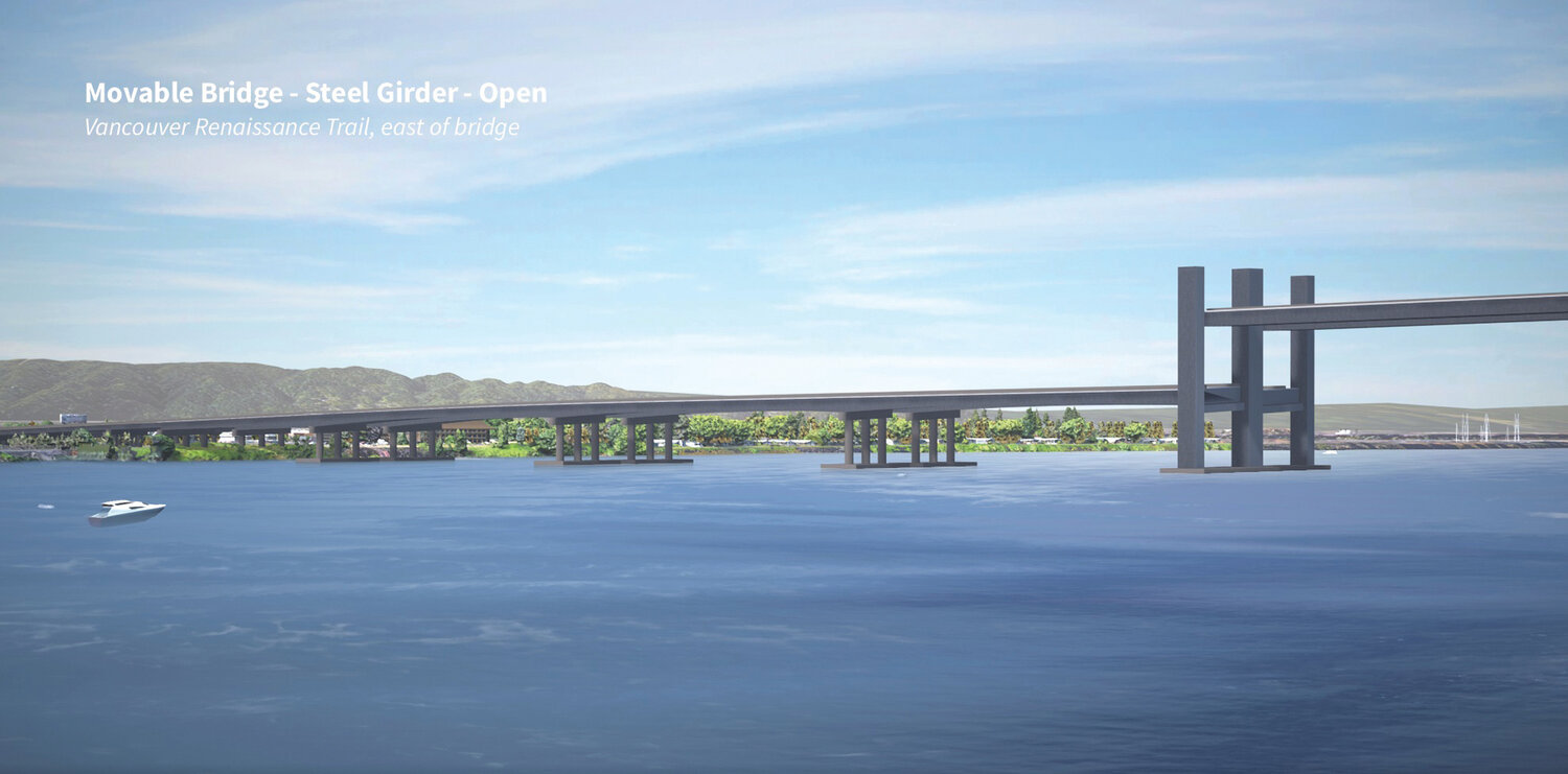 A visualization of the Interstate 5 Bridge Replacement Program using a double-decker design is pictured looking west.