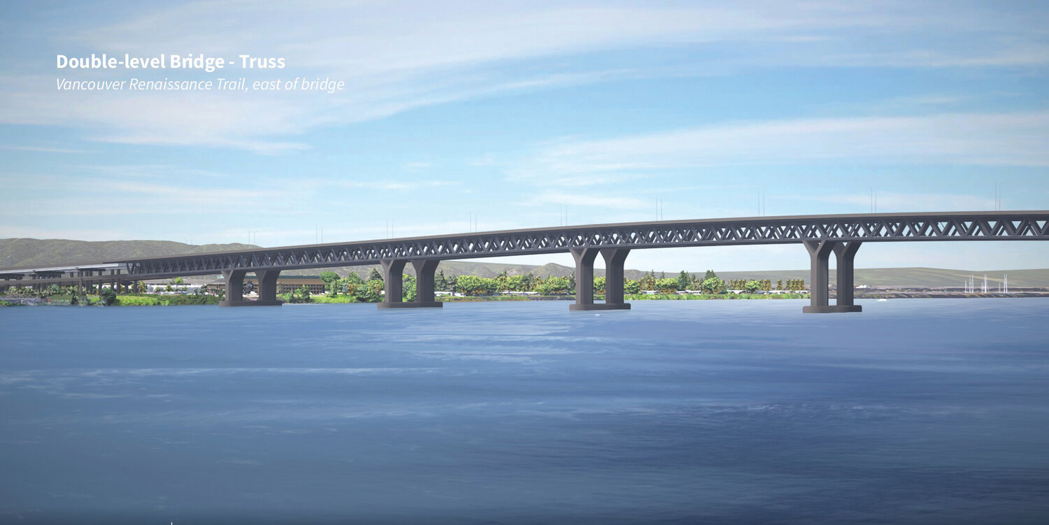 A visualization of the Interstate 5 Bridge Replacement Program using a moveable span design is pictured looking west.