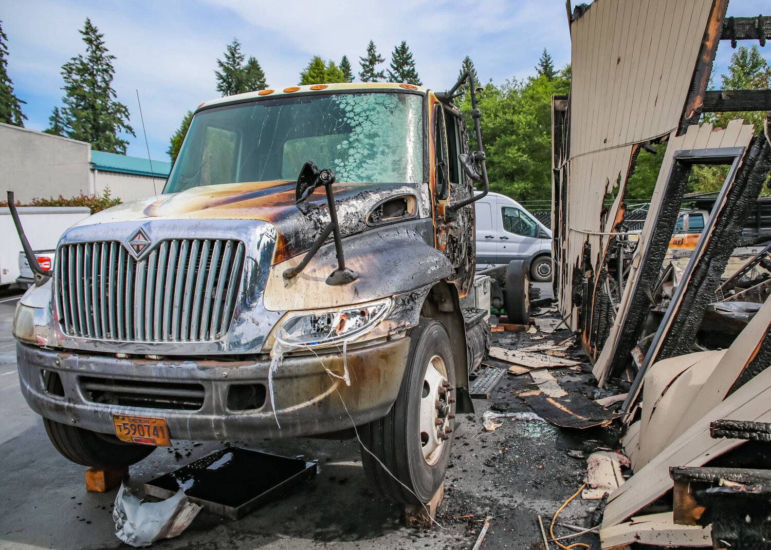 A truck was burnt on the side facing the industrial building that caught fire late on Tuesday, June 6, in Salmon Creek.
