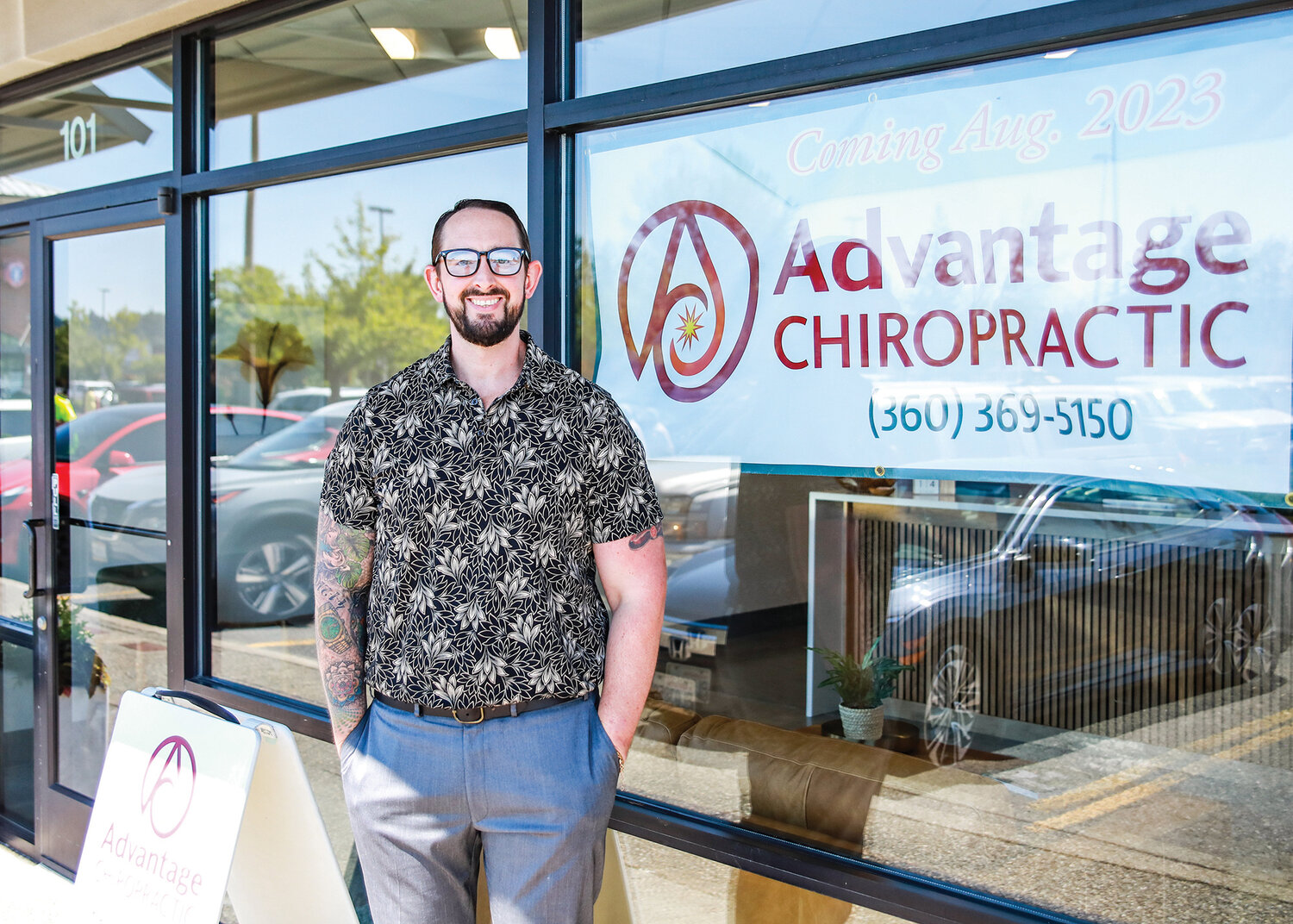 Doctor of Chiropractic Morgan Ruddiman stands in front of his new office, Advantage Chiropractic, in Battle Ground on Monday, Aug. 14.
