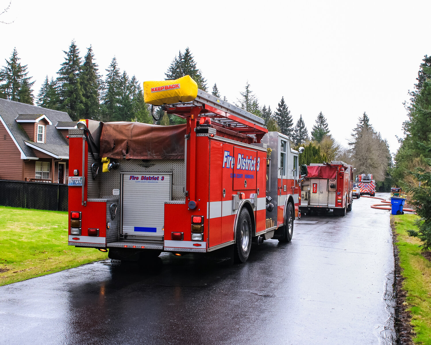 Crews from Clark County Fire District 3 and Clark-Cowlitz Fire Rescue respond to a shop fire in the Meadow Glade area on Feb. 21.