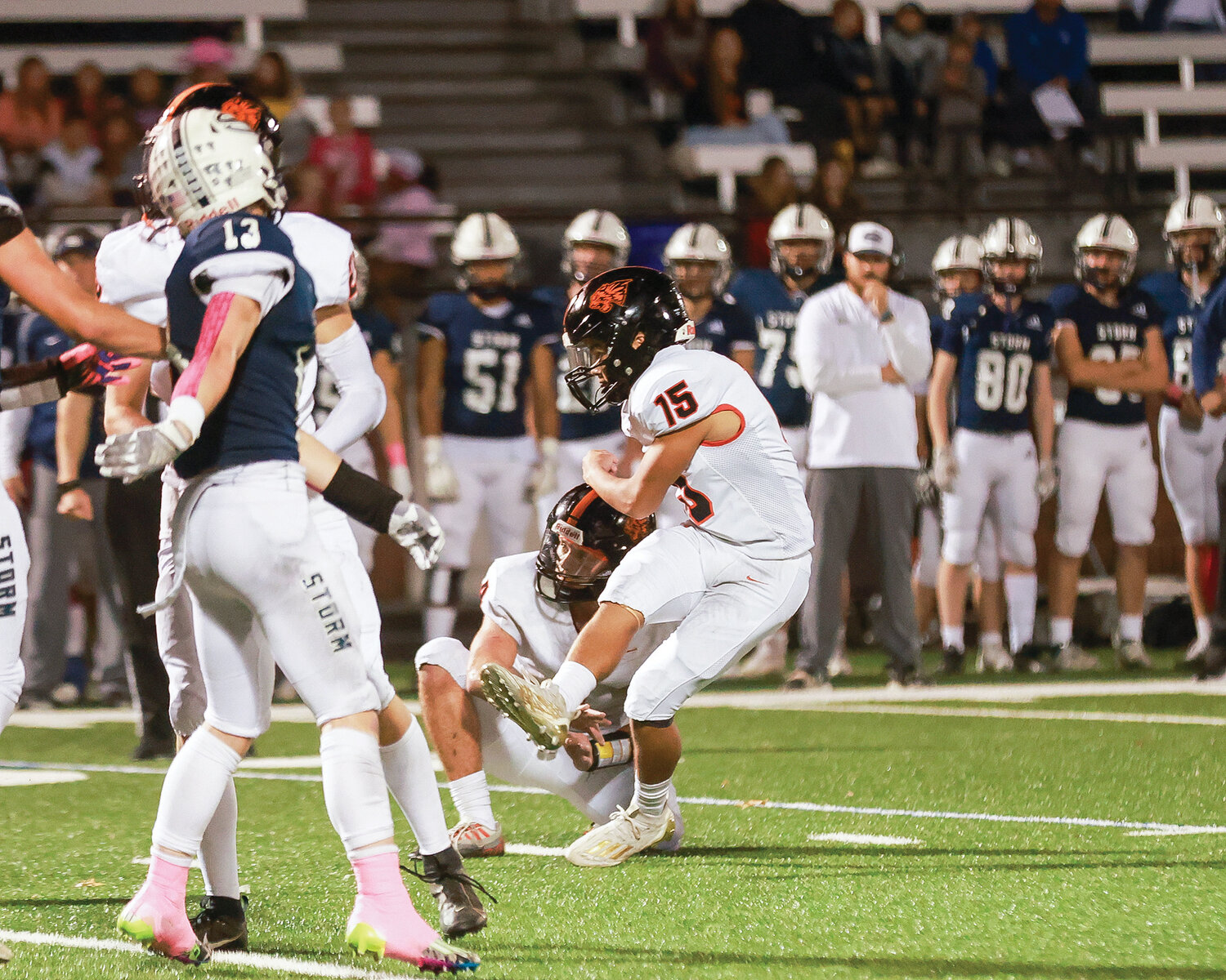 Battle Ground’s Bryland Fick kicks a 38-yard field goal to make the game 14-10 in the second quarter, but the Skyview Storm finished the game 49-10 for the Tigers’ first loss of the season.