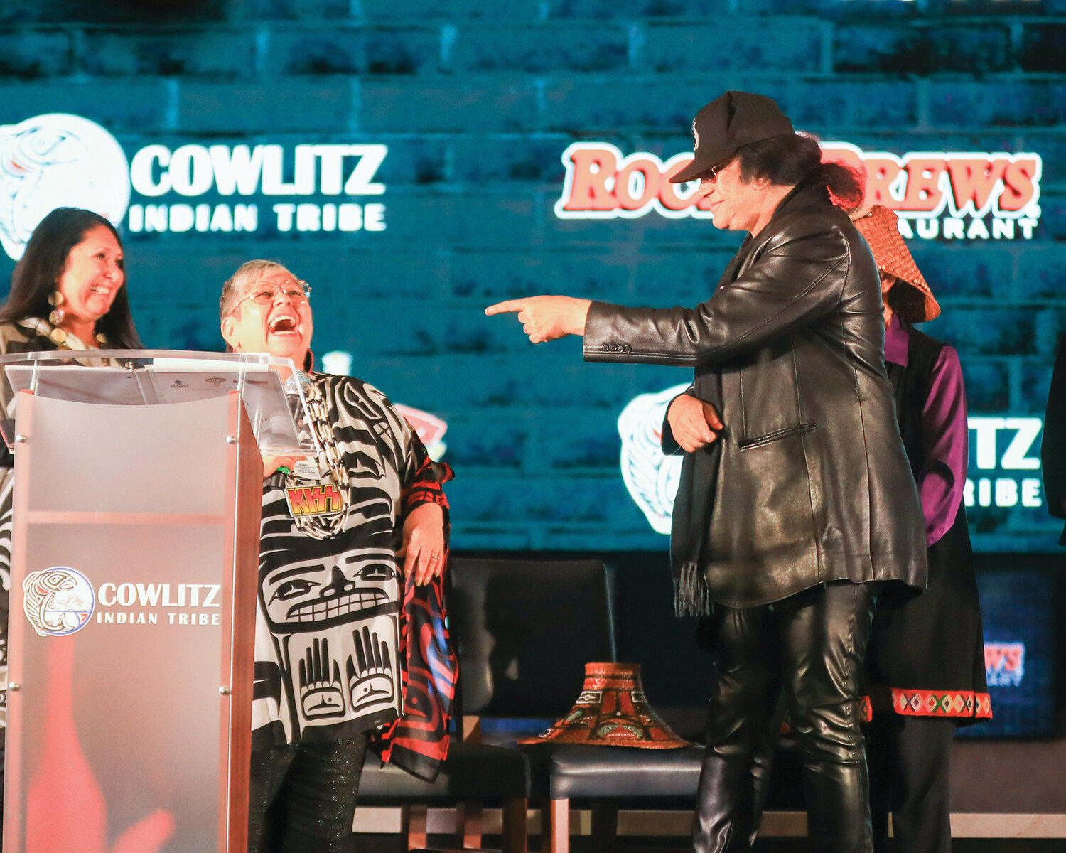 Rock and Brews co-founder and Kiss bassist and co-lead singer Gene Simmons, points and shares a laugh with Patty Kinswa-Gaiser, chairwoman of the Cowlitz Indian Tribe, during the groundbreaking ceremony for the upcoming restaurant at ilani Casino on Tuesday, Nov. 7.