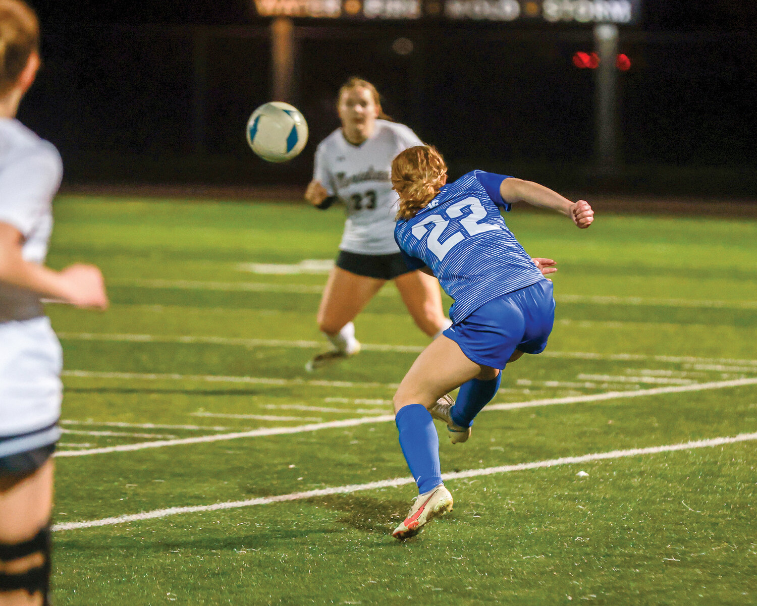 La Center’s Madisen Newbury advances the ball upfield against Meridian High School in the first round of the 1A state playoffs on Wednesday, Nov. 8.