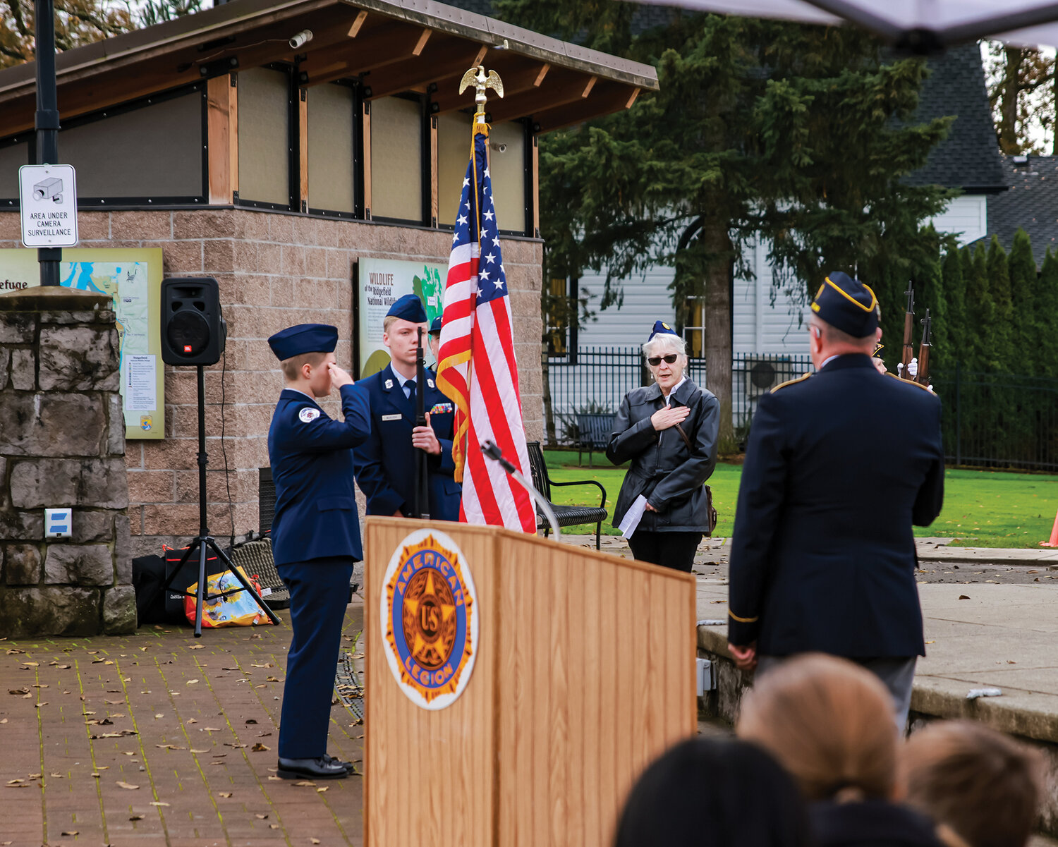 Students in the Battle Ground High School Air Force Junior Reserve Officer Training Corps present the colors at the Ridgefield’s Veterans Day celebration on Friday, Nov. 10.